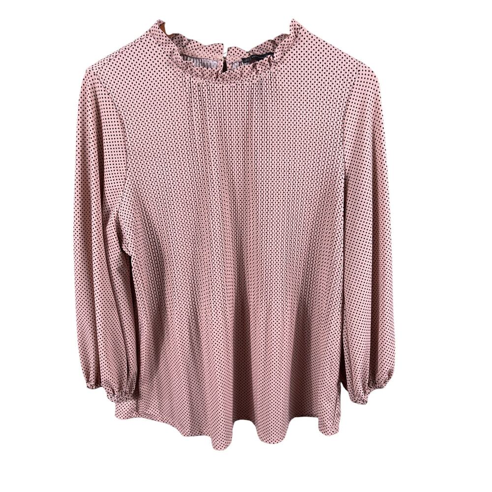 Adrianna Papell Women Large‎ Pink Polka Dot Ruffle Hem Long Sleeve Top Blouse